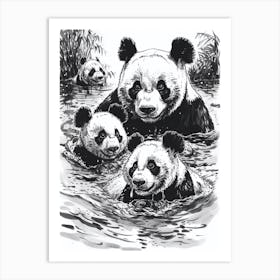 Giant Panda Family Swimming In A River Ink Illustration 3 Art Print