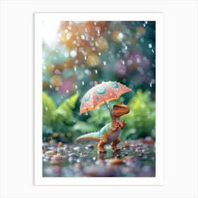Toy Dinosaur Walking Through The Rain With An Umbrella 2 Art Print