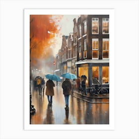 Amsterdam cafes, autumn season, rain, autumn oil colours.Faded colours,People passing on the street, winter clothes, rain umbrellas.5 4 Art Print