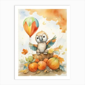 Parrot Flying With Autumn Fall Pumpkins And Balloons Watercolour Nursery 2 Art Print