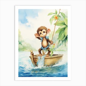 Monkey Painting Sailing Watercolour 2 Art Print