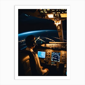 Pilot In Cockpit At Night Art Print