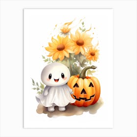 Cute Ghost With Pumpkins Halloween Watercolour 81 Art Print