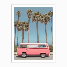 Pink Van Parked On The Beach Art Print