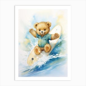 Surfing Teddy Bear Painting Watercolour 2 Art Print