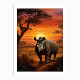 Rhinoceros Sunset Painting 3 Art Print