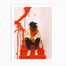 Black Man Wearing Orange Hoody Sitting on Orange Painted Stairs Art Print