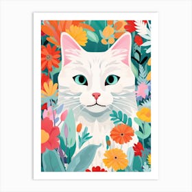 White Cat In Flowers 3 Art Print