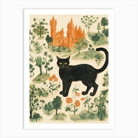 Medieval Style Map Of Black Cat In Garden 2 Art Print