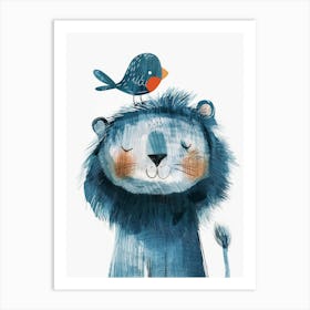 Small Joyful Lion With A Bird On Its Head 9 Art Print