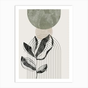Boho Botanical Art, Sage Green, Black and Beige Mid-Century Modern, Abstract Line Art Print