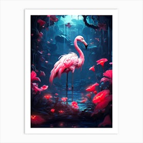 Pink Flamingo In The Forest Art Print