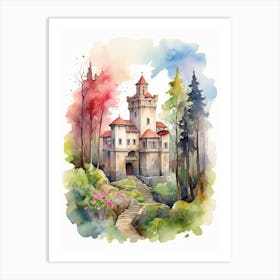 Watercolor Castle In The Forest Art Print