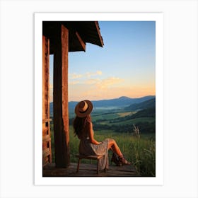 Woman Exuding A Sense Of Freedom While Sitting On A Wooden Porch Overlooking A Vast Hill And Sky Th 2 1 Art Print