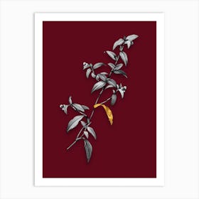 Vintage Birdbill Dayflower Black and White Gold Leaf Floral Art on Burgundy Red n.1099 Art Print