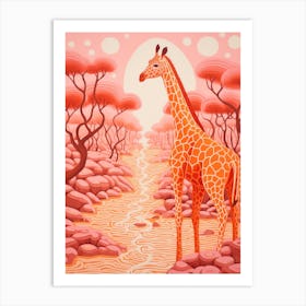 Giraffe In The River With The Trees Art Print