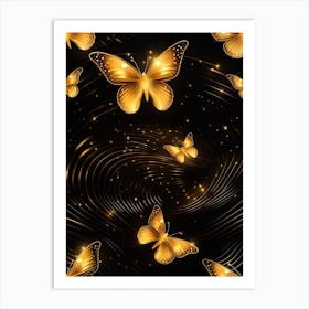 Golden Butterflies On Black Background Art Print