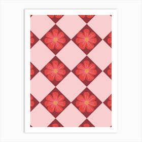 Retro Hand Drawn Flower Red and Pink Diamond Grid Art Print