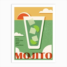 Mojito recipe poster, Cocktail art print, Retro 70s Art Print