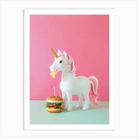 Toy Unicorn Eating A Cheese Burger Art Print