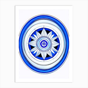 Dharma Wheel, Symbol, Third Eye Blue & White 6 Art Print