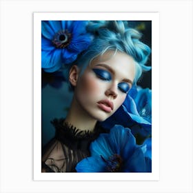 Beautiful Young Woman With Blue Flowers Art Print