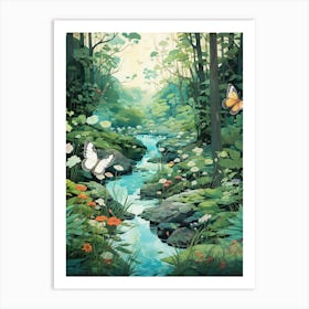 Butterflies By The Woodland Stream Japanese Style Painting Art Print