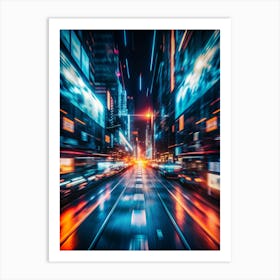 A Fast Paced Motion Blur Shot Through A City Street At Night, With Streaks Of Red, Blue, And Orange Light From Traffic And Buildings Art Print