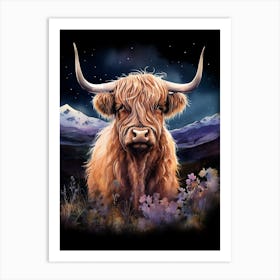 Watercolour Of Highland Cow At Night 3 Art Print