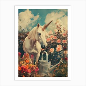 Unicorn In A Garden With A Watering Can Retro Collage Art Print