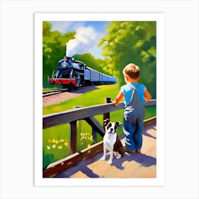 Boy And Dog Looking At Train Art Print