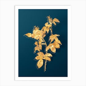 Vintage Big Flowered Dog Rose Botanical in Gold on Teal Blue Art Print