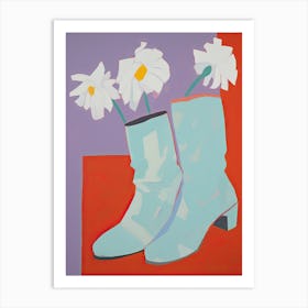 A Painting Of Cowboy Boots With Daisies Flowers, Pop Art Style 2 Art Print