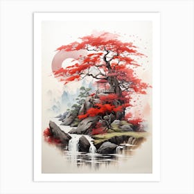 A Red Tree, Japanese Brush Painting, Ukiyo E, Minimal 1 Art Print