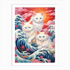 The Great Wave Off Kanagawa White Cats Kitsch Art Print