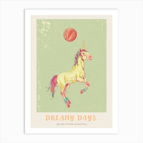 Pastel Storybook Style Unicorn Playing Basketball 3 Poster Art Print