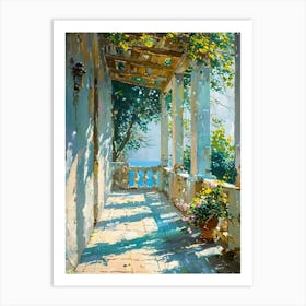 Mediterranean Terrace Sunscape Painting by John Arwen | Italian Greek Spanish Art Print Vibrant Dreamy Landscape in HD Art Print