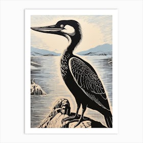 B&W Bird Linocut Cormorant 1 Art Print