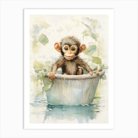 Monkey Painting In A Bathtub Watercolour 3 Art Print