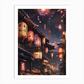 Hanabi Market Scene, Japan festival, Tokyo at night, anime print Art Print