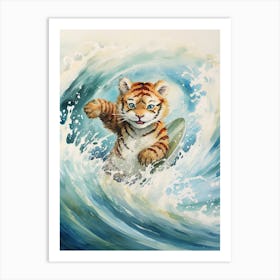 Tiger Illustration Surfing Watercolour 3 Art Print