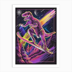 Neon Dinosaur Snowboarding Art Print
