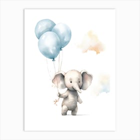 Baby Elephant Flying With Ballons, Watercolour Nursery Art 1 Art Print