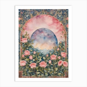 Blue Moon Amongst Pink Roses ~ Art Nouveau Tarot Double Moon Vines Room Wall Home Decor ~ Witchy Pagan Beautiful Pink Full Moon ~ Bohemian Watercolour Painting Crystal Ball Witch Witchcore Fairytale Artwork, Goddess Yoga Meditation Room 1 Art Print