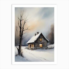 Rustic Winter Oil Painting Vintage Cottage (8) Art Print