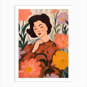 Woman With Autumnal Flowers Peony 2 Art Print