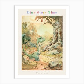 Cute Dinosaur In The Wood Storybook Style Poster Art Print