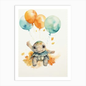 Turtle Flying With Autumn Fall Pumpkins And Balloons Watercolour Nursery 4 Art Print