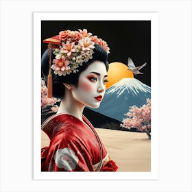 Geisha In Japan Landscape - Color Art Print