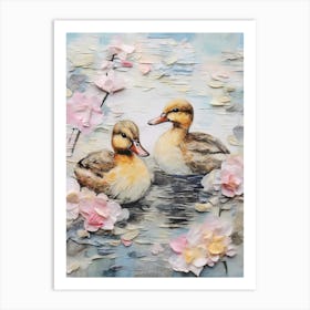 Ducklings Swimming Mixed Media Collage 1 Art Print